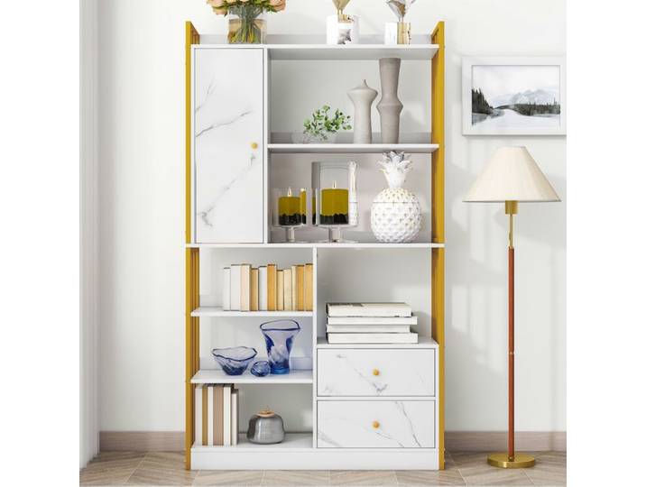 Bibliothèque - 6 étagères - 100x30x173.5 cm - Bois - Blanc et or