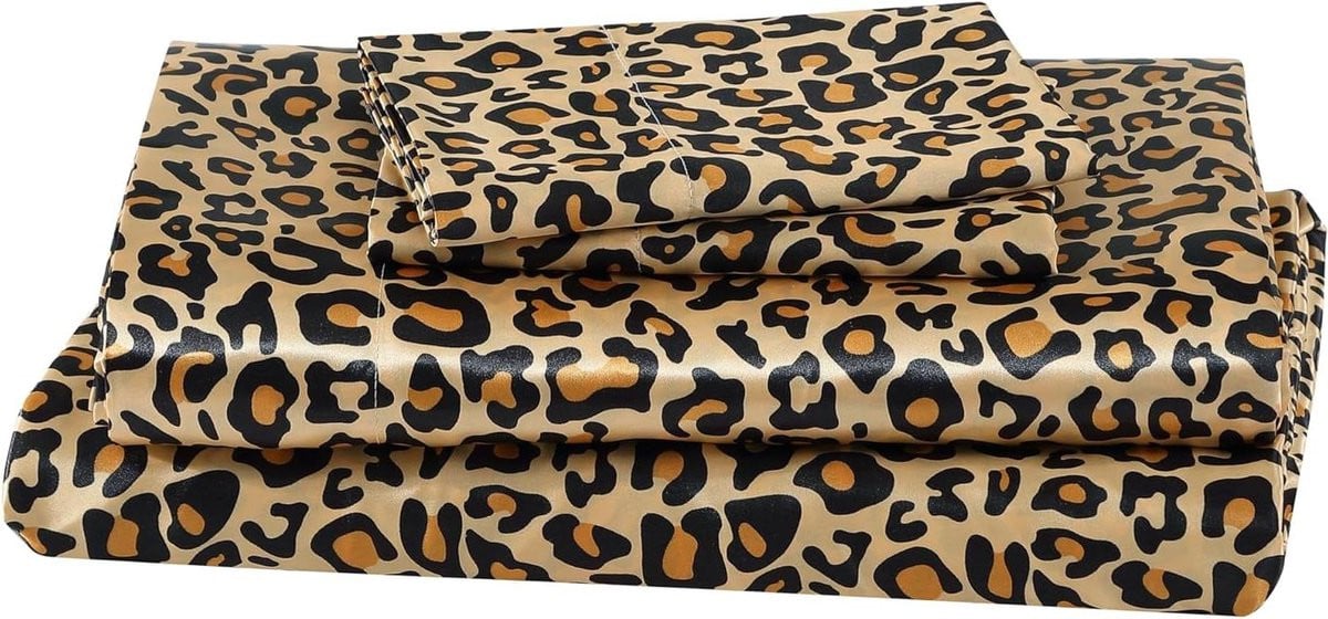 4-delige luxe satijnen lakenset Queen met luipaardprint