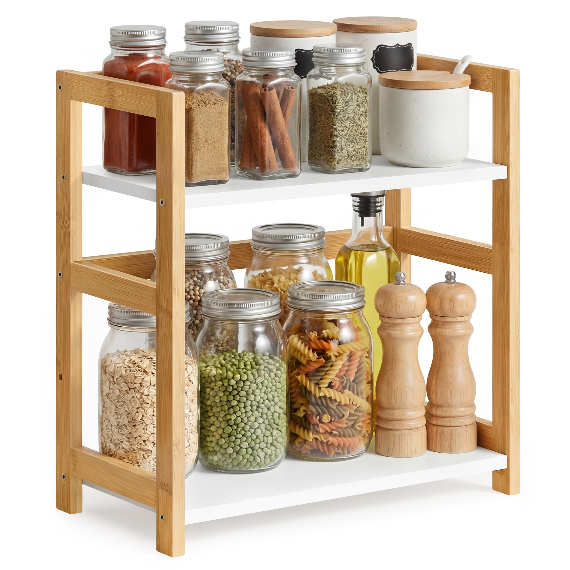 SONGMICS Gewürzregal mit 2 Ebenen aus Bambus naturbeige-schneeweiß OFS046W101