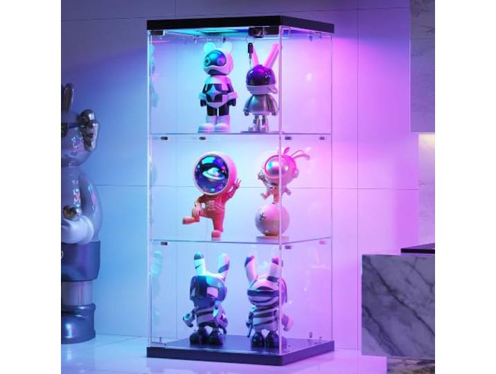 TAGELIER Glasvitrine mit RGB-Licht, Bewegungssensor, einfache Montage 3 Ebenen, verstellbare Glasböden, 12 RGB-Modi, 90 cm hoch, Kippschutz