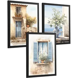 POSTER 3er Bilder-Set Wandbilder Maritim Aquarell Blau modern ohne Rahmen – Wohnzimmer Deko, Schlafzimmer, Küche, Badezimmer Schwarzer Rahmen A3
