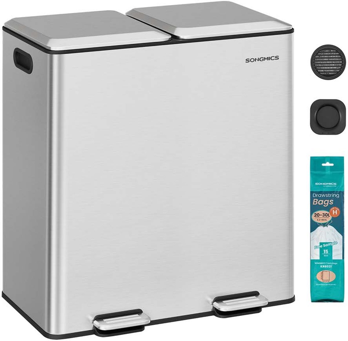 SONGMICS Keukenafvalemmer met 2 vakken, 2 x 30 liter, Softclose, Roestvrij staal, Metallic zilver