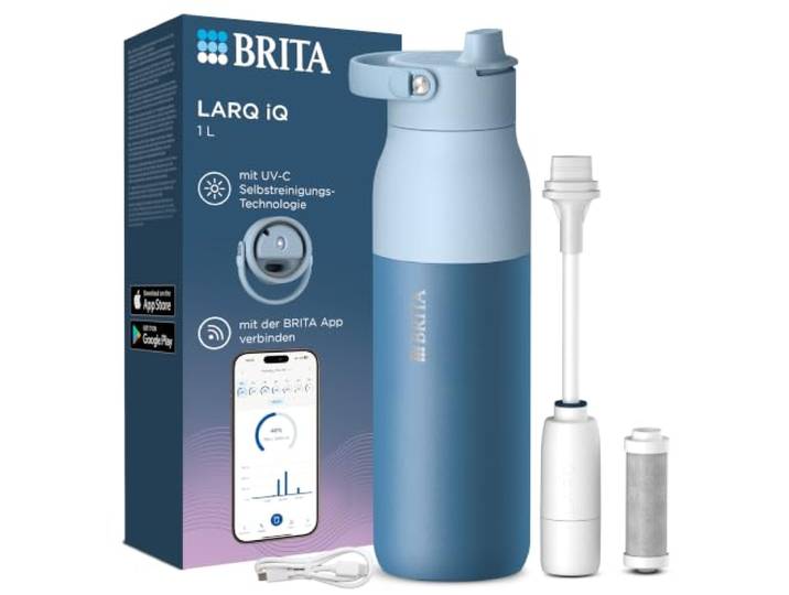 BRITA LARQ iQ Digitale Edelstahl Trinkflasche mit Wasserfilter (1000 ml) Blau, Hydration Tracking (BRITA App), Strohhalm, Aktivkohle Filter, UV-C, neutralisiert 99,99% Bakterien, filtert PFAS