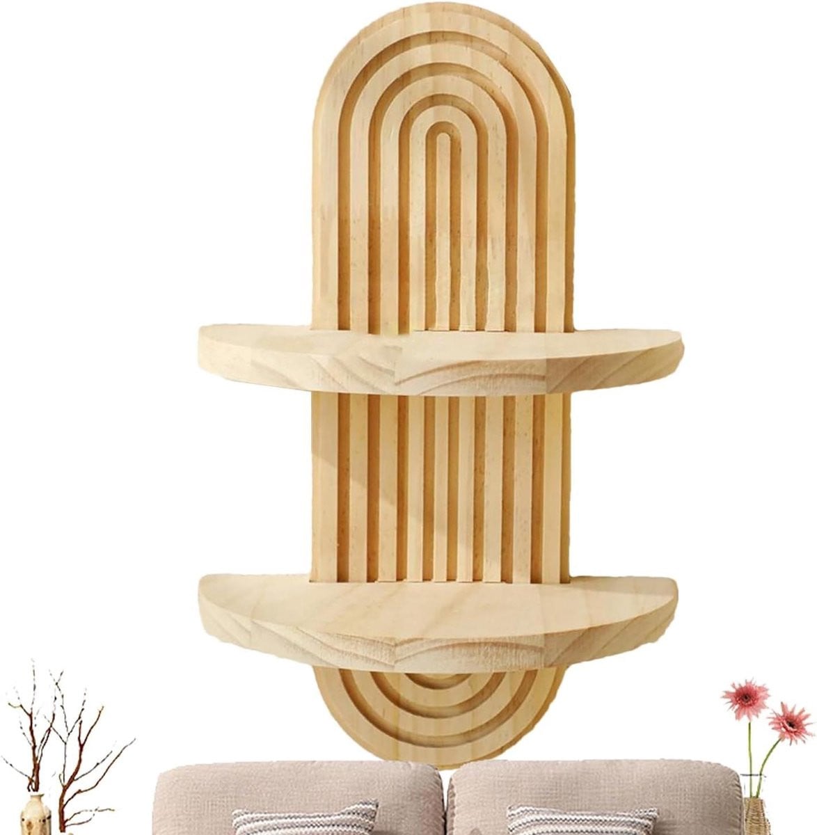Boho wandrek van natuurlijk hout met artistiek ontwerp voor decoratie en opslag