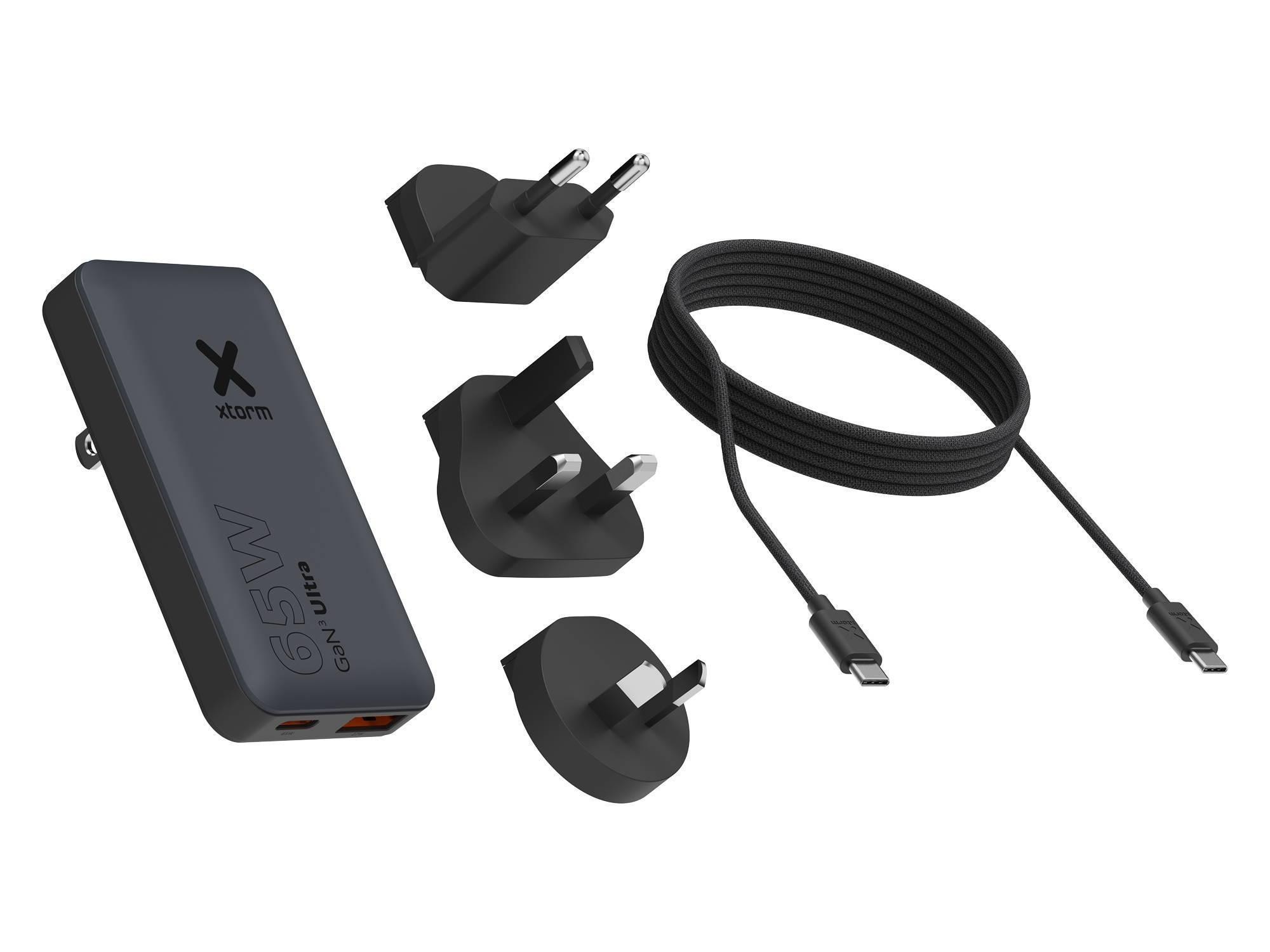 Xtorm TravelPro GaN3 Ultra Wand-Ladegerät Set 65W PD 1x USB-C 1x USB-A Austauschbare Stecker 1m 100W USB-C K