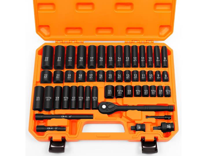 Jeu de douilles à cliquet 3/8'' (50 pièces) SAE et métriques - Douilles à chocs en acier au chrome vanadium avec rallonge et clé à cliquet