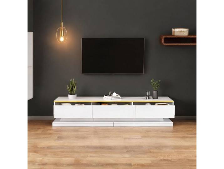 Meuble TV laqué brillant blanc chaud 200 cm avec 3 tiroirs et niches ouvertes bordure dorée design contemporain