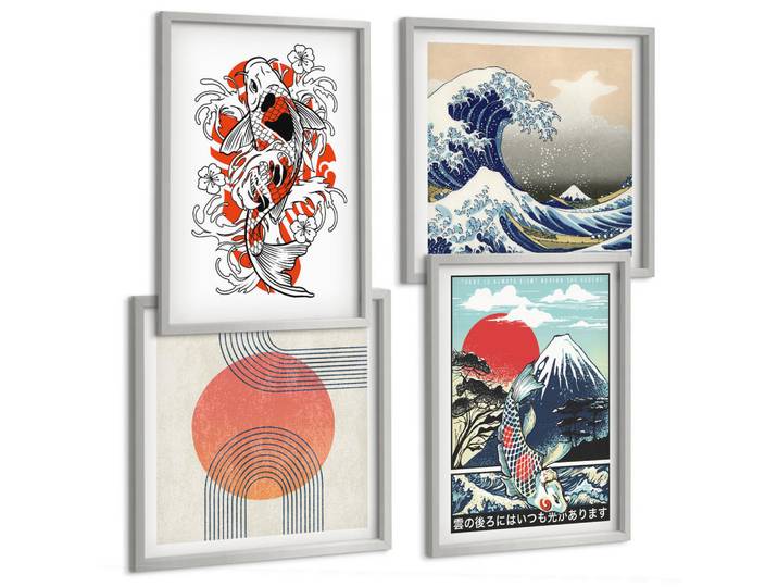 Tulup Bilder SET 4er Set - 50x50 cm & 40x60 cm Silberner Rahmen - Illustrationen von Fischbergen, die sich in Japan ausbreiten, Silberfarben, Kunststoff, Rechteckig, 50x50 cm, Fotografie, Bilder & Rahmen, Bilder