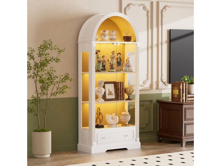 Vitrine arquée 80x35x180 cm avec portes vitrées tiroirs et LED blanche
