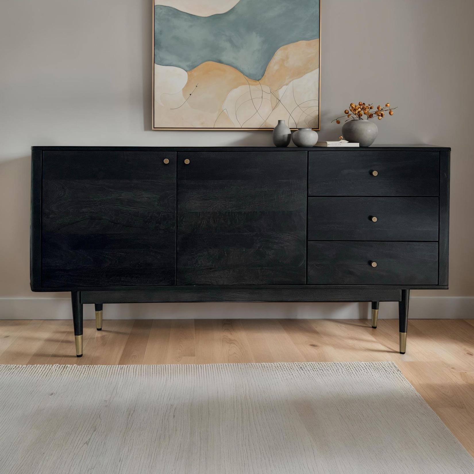 Sideboard FineBuy Anrichte 160 cm Massivholz Schwarz Kommode Türen Schubladen