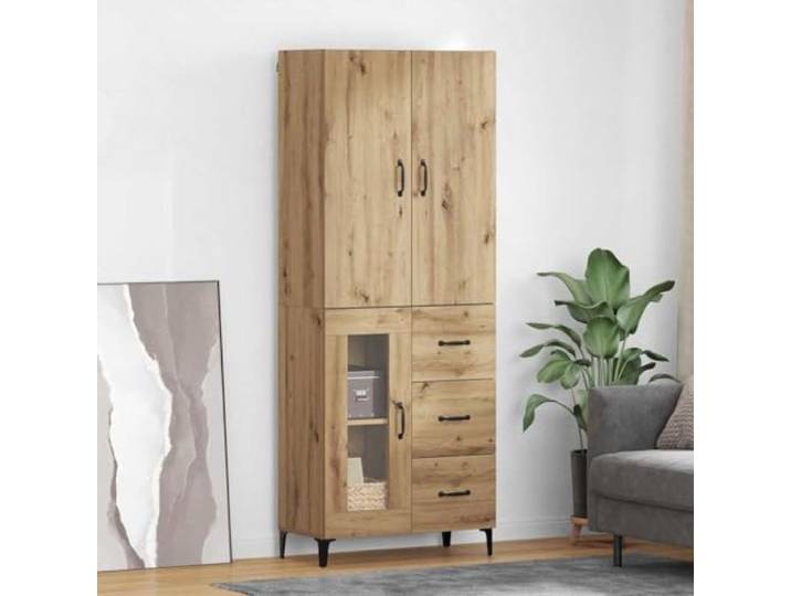 HEFZGDB Modernes Highboard mit wandmontierter Aufhängung aus Holzwerkstoff in Artisan-Eiche - Funktionales Highboard mit Mehreren Fächern und minimalistisches Design mit Metallbeinen