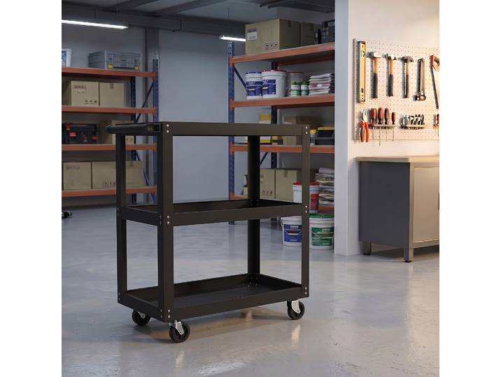 HOMCOM Chariot Atelier 3 Niveaux Métal Noir Roulettes Verrouillables