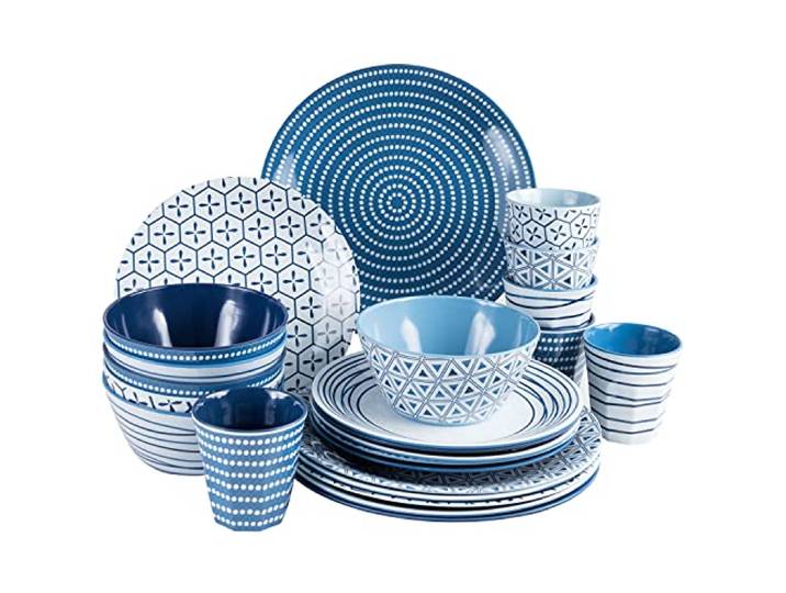 Melamin Camping Geschirr Set für 6 Personen 24 Teile blau weiß Geschirrset