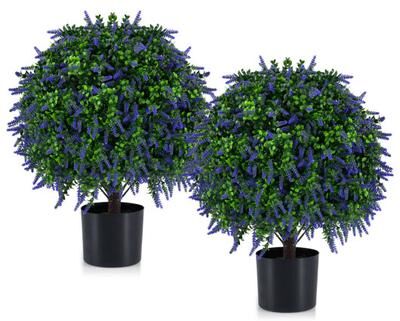 Costway Set of 2 Artificial Lavender Topiary Ball Trees 22 inch Faux Lavender Potted Plants-Purple