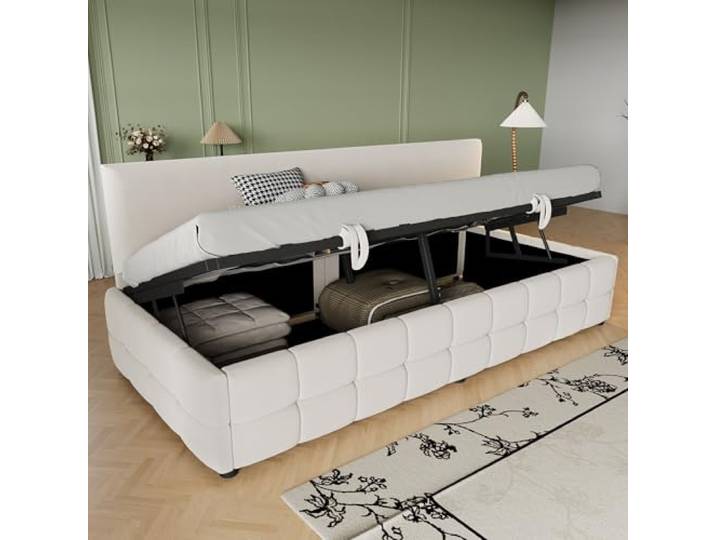 FAVSH Polsterbett 90x200 cm, Schlafsofa mit hydraulischem Stauraum, gepolsterter Rückenlehne, Lattenrost und Samtbezug, Multifunktionsbett für Jugend- und Gästezimmer, Beige, ohne Matratze
