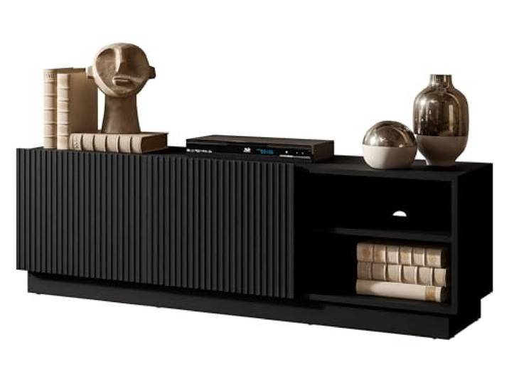 Mirjan24 TV-Schrank Liwerio 150 2D, Fernsehschrank, TV-Lowboard mit geriffelte Fronten, Fernsehtisch, TV-Tisch, Unterschrank, TV-Board, Schrank, TV-Bank (Schwarz)