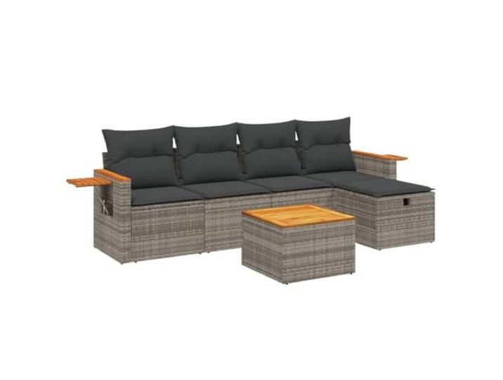 KTHLBRH Gartenmöbel-Set 6-teilig mit grauen Kissen aus Polyrattan Inklusive abnehmbaren Kissen, Couchtisch mit Tischplatte aus Akazienholz, pulverbeschichteter Stahlrahmen, modulares Design