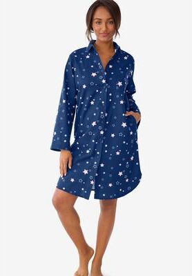 Plus Size Women's Plaid Flannel Button-Front Sleepshirt by Dreams & Co. in Evening Blue Stars (Size 5X)
