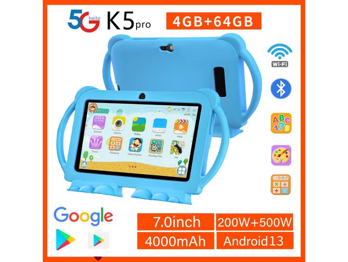 2025 nouveau 7 pouces enfants tablette avec étui de bande dessinée 5G WiFi Google apprentissage éducation tablette PC 4GB RAM 64GB ROM 4000mAh