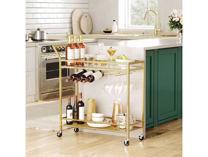 Chariot de service - HOOBRO - Desserte de cuisine - avec Porte-Bouteilles et Porte-Verres-78 x 30 x 91 cm-Doré