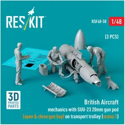 ResKit British Aircraft mechanics with SUU-23 20mm gun pod (open & close gun bay) on on transport trolley (