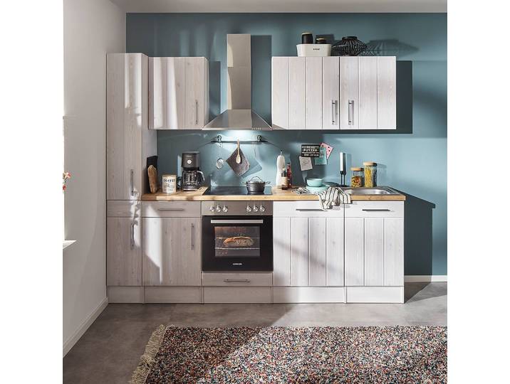 RESPEKTA Küchenblock - Lärche weiß - mit E-Geräten - 250 cm, Landhausstil, Edelstahlspüle, Soft-Close-Funktion