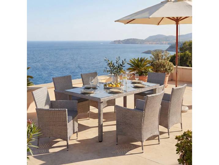 Poly-Rattan-Garnitur Halden, Gartenmöbel Balkon-Set Sitzgarnitur grau, Kissen anthrazit