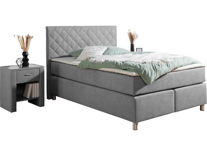 Boxspringbett, Grau, 148x208 cm, Microfaser, Inkl. Topper & H3 Matratze, Modern