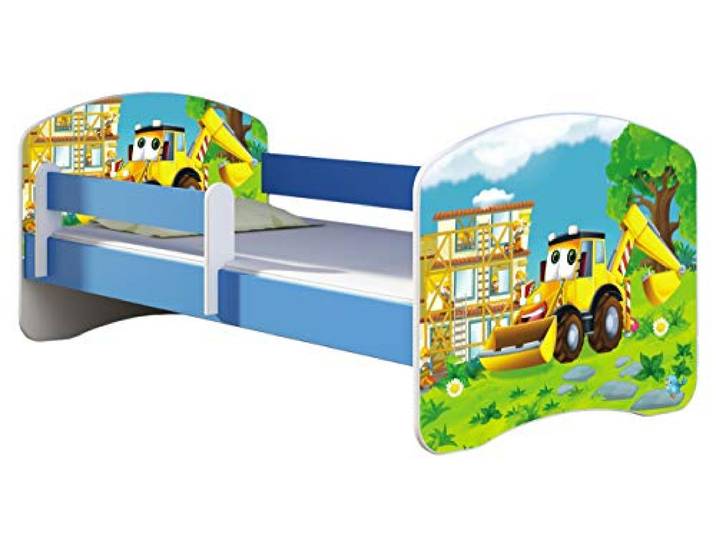 ACMA Kinderbett Jugendbett mit Einer Schublade und Matratze Blau mit Rausfallschutz Lattenrost II 140x70 160x80 180x80 (20 Bagger, 160x80)