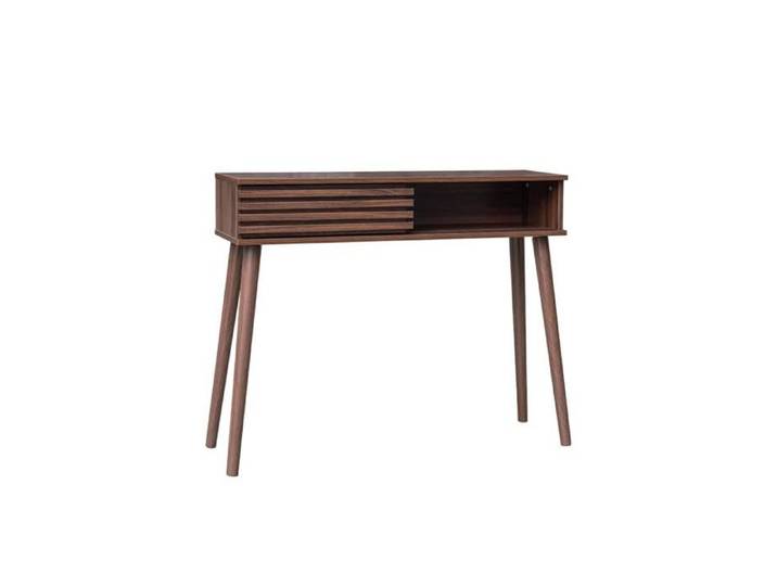 Console scandinave décor bois noyer avec 1 porte coulissante rainurée 2 niches de rangement