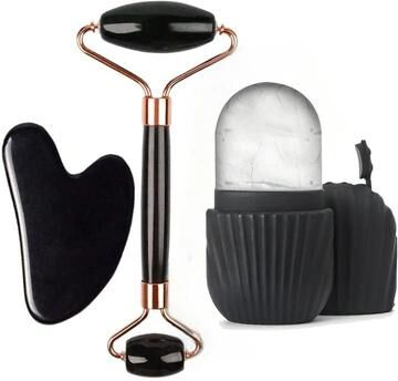 Uplifted Finds 3 Piece Facial Skincare Ice Roller & Gua Sha Contour Set black