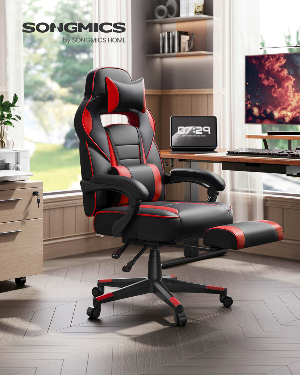 SONGMICS Fauteuil de bureau repose-pieds télescopique noir d'encre et rouge Rouge 70x126x50cm