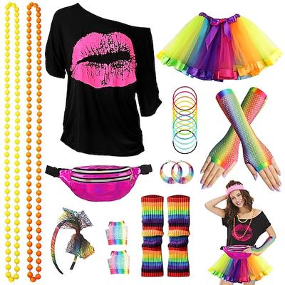 80er-Jahre-Kostümzubehör für Damen, 1980er-Jahre-T-Shirt, Tutu, Gürteltasche, Stirnband, Ohrring, Halskette, Netzhandschuhe, Beinstulpen Schlager Outfit