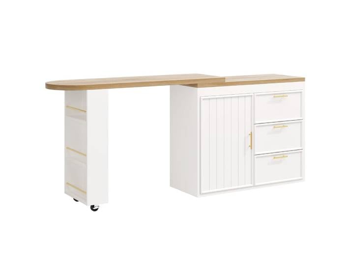 Table de bar blanche effet bois avec plateau pivotant 360° modulable