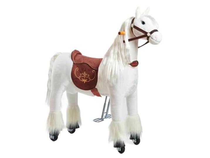 PONNIE Reitpferd mit Rollen Tiara M (5-12 Jahre), Spielpferd zum Reiten mit Abnehmbarer Braun Sattel und Halfter mit Zaumzeug, Kämmbare Mähne und Schwanz, Plüschpferd zum Reiten für Kinder