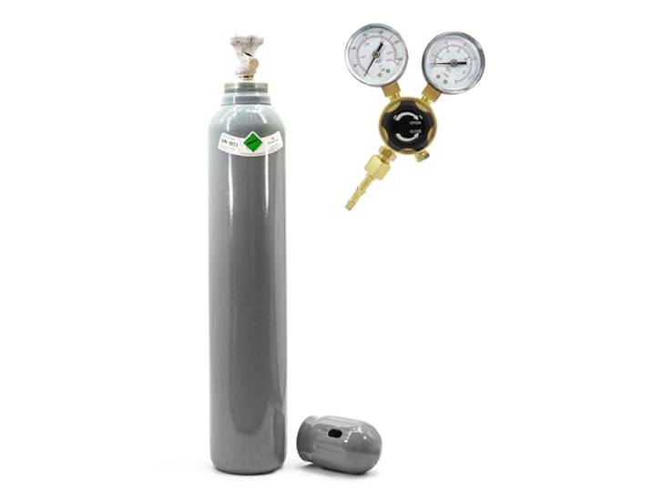 Bestschweissen.de CO2 Flasche 10L 7,5kg gefüllt mit Mini Druckminderer – 2 Manometer für präzise Schweiß- und Industrieanwendungen