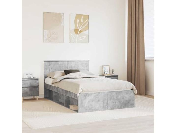 Modernes Holzwerkstoff Bettgestell Schlankes Design Grau 135 x 190 cm Bettrahmen mit Kopfteil Beton Grau 135x190 cm Holzwerkstoff Doppelbett mit Lattenrost Modernes Stabiles Bettgestell für