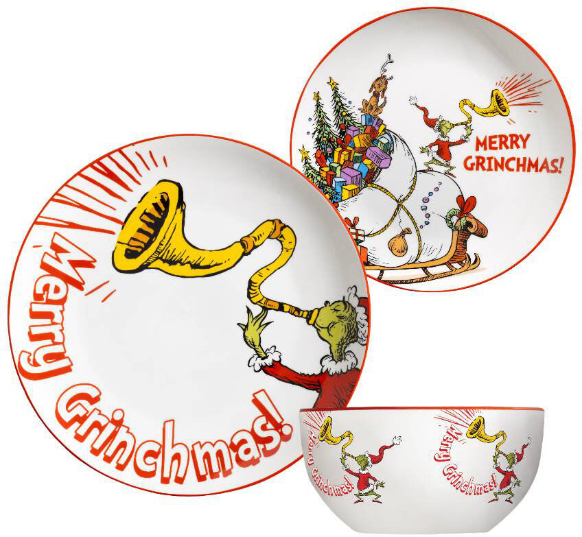 The Grinch Merry Grinchmas 12PC Porcelain Dinner Set Christmas Plates & Bowls White 12