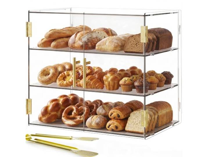 Cityjoy 3-stöckige Aufsatzvitrine mit elastischer Autotür, 49,5 x 37,8 x 26,2 cm, Acryl, Gebäckvitrine, Lebensmittelvitrine, Box für Brot, Dessert, Kekse, Backen