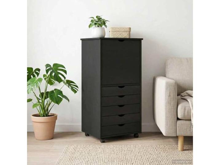 Rollschrank Massivholz Kiefer Schwarz 53x39x103 cm mit Schubladen und Türen Massivholz Kiefer, matte Oberfläche, Rollen, Regalböden, Schubladen, Türen, Scharniere, versenkte Griffe, pflegeleicht