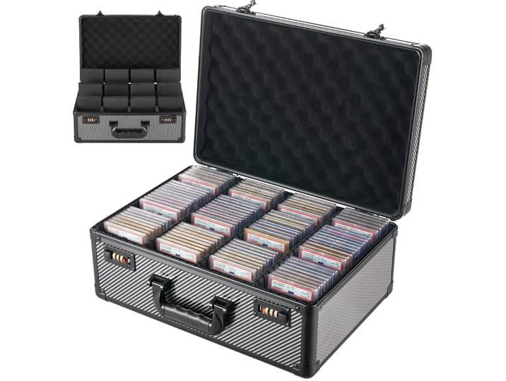 Boîte de rangement pour cartes VEVOR\, capacité pour 162 cartes encastrées (PSA Slab)\, boîte portable\, adaptée pour 130 cartes SGC\, 115 cartes BGS\, 585 protège-cartes (toploaders) ou plus de 999 cartes non encastrées\, verrouillable\, avec 4 rangées\, poignée et 12 compartiments séparés