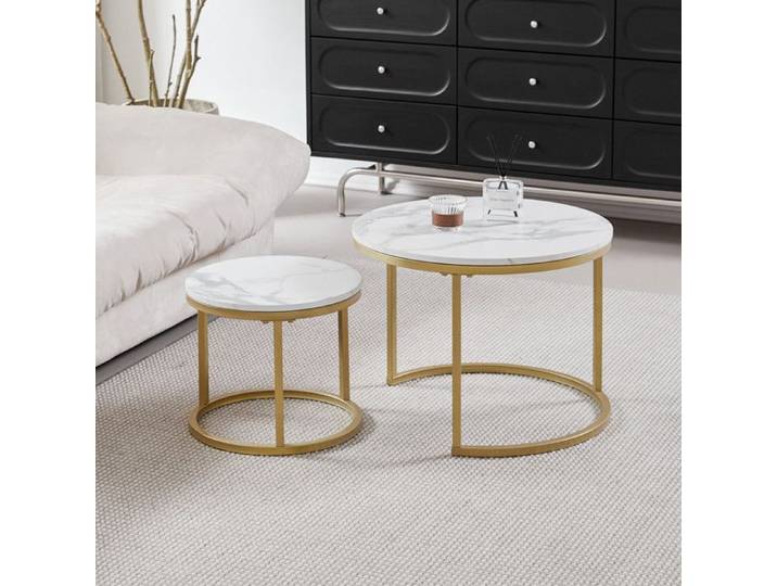 Table Basse - Scandinave - Table Basse Gigogne 2 Pièces - Table Basse round - Bois Marbré et Pieds en Métal Ronde - 60cm*40cm