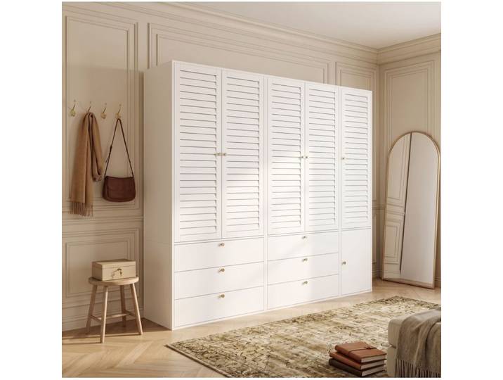 ROVRYN Armoire de chambre 5 portes persiennées 225 x 50 x 200 cm 6 tiroirs blanche