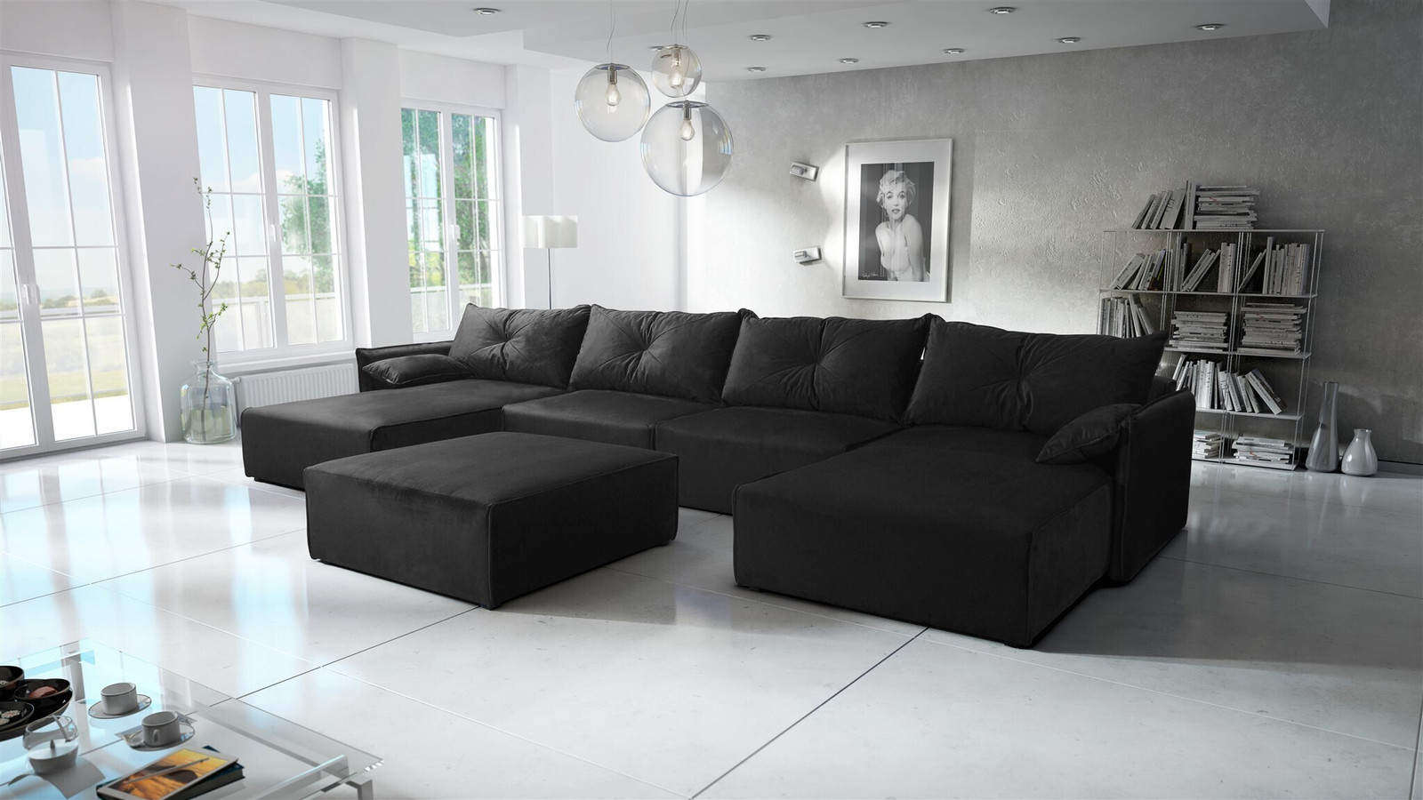 Fun-Möbel Zitmeubel met slaapfunctie model HUNTER in stof Royal Grafit inclusief hocker