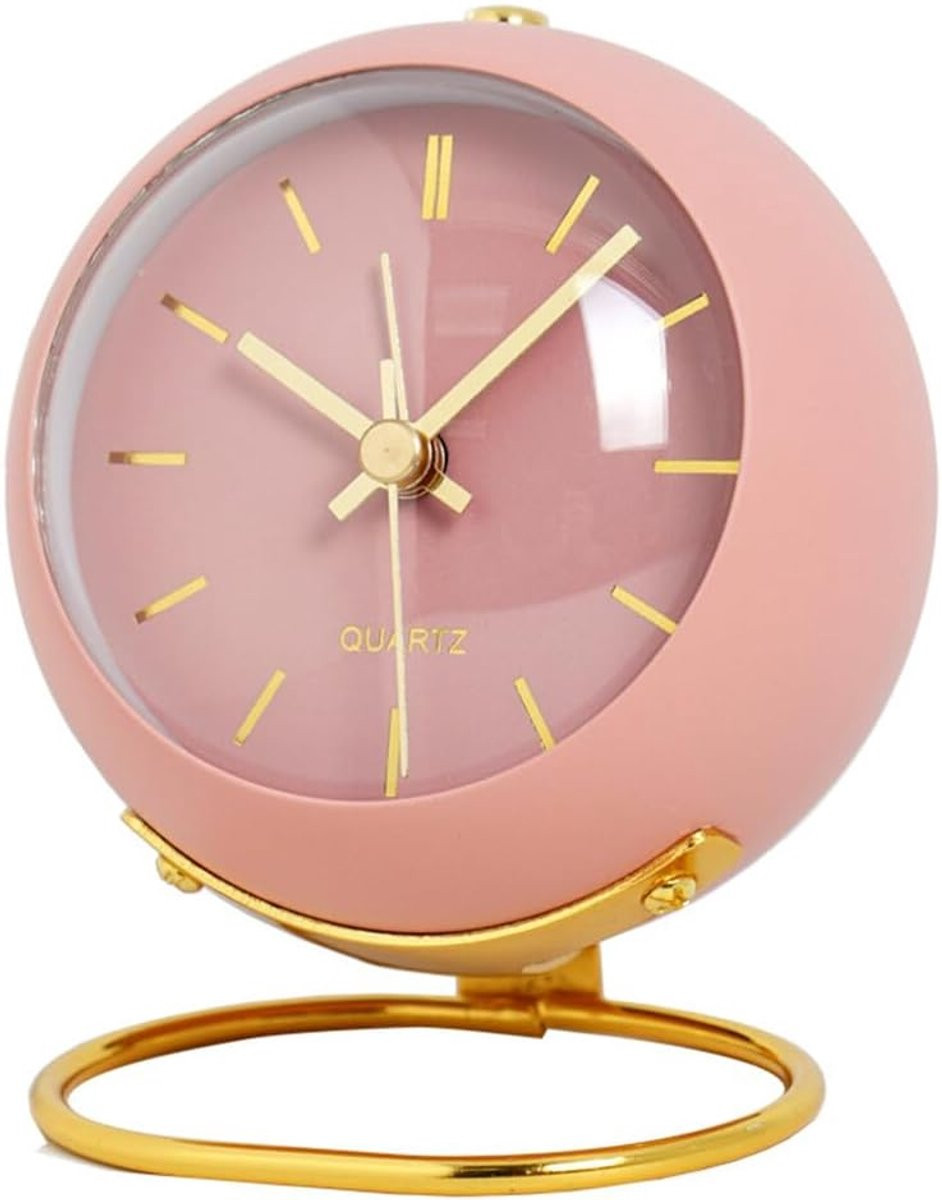 Analoge retro tafelwekker met nachtlampje en luid alarm, roze, 10,5 cm