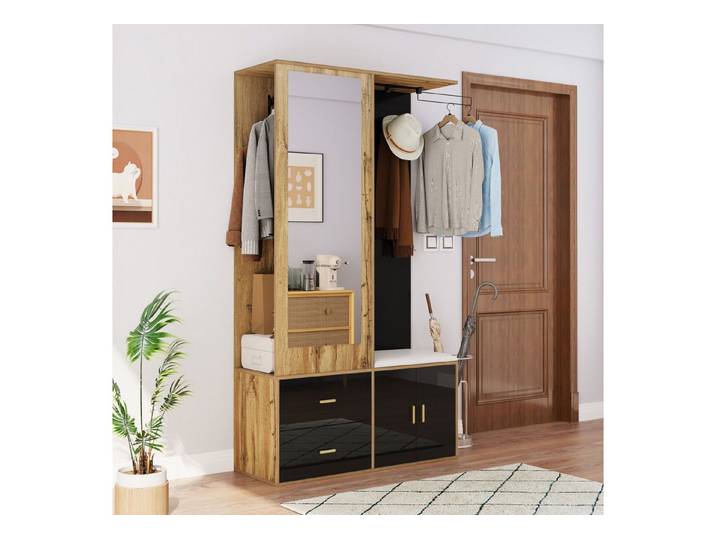 Fine Life Pro Kombikommode Elegantes Kleiderschrankset in Schwarz und Holzfarbe mit Spiegel
