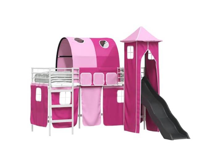 PUGYNBK Etagenbett für Kinder, Metall, 75 x 190 cm, Weiß und Rosa Mit manuellen Vorhängen, atmungsaktiven Netzpaneelen, platzsparend, einfache Reinigung