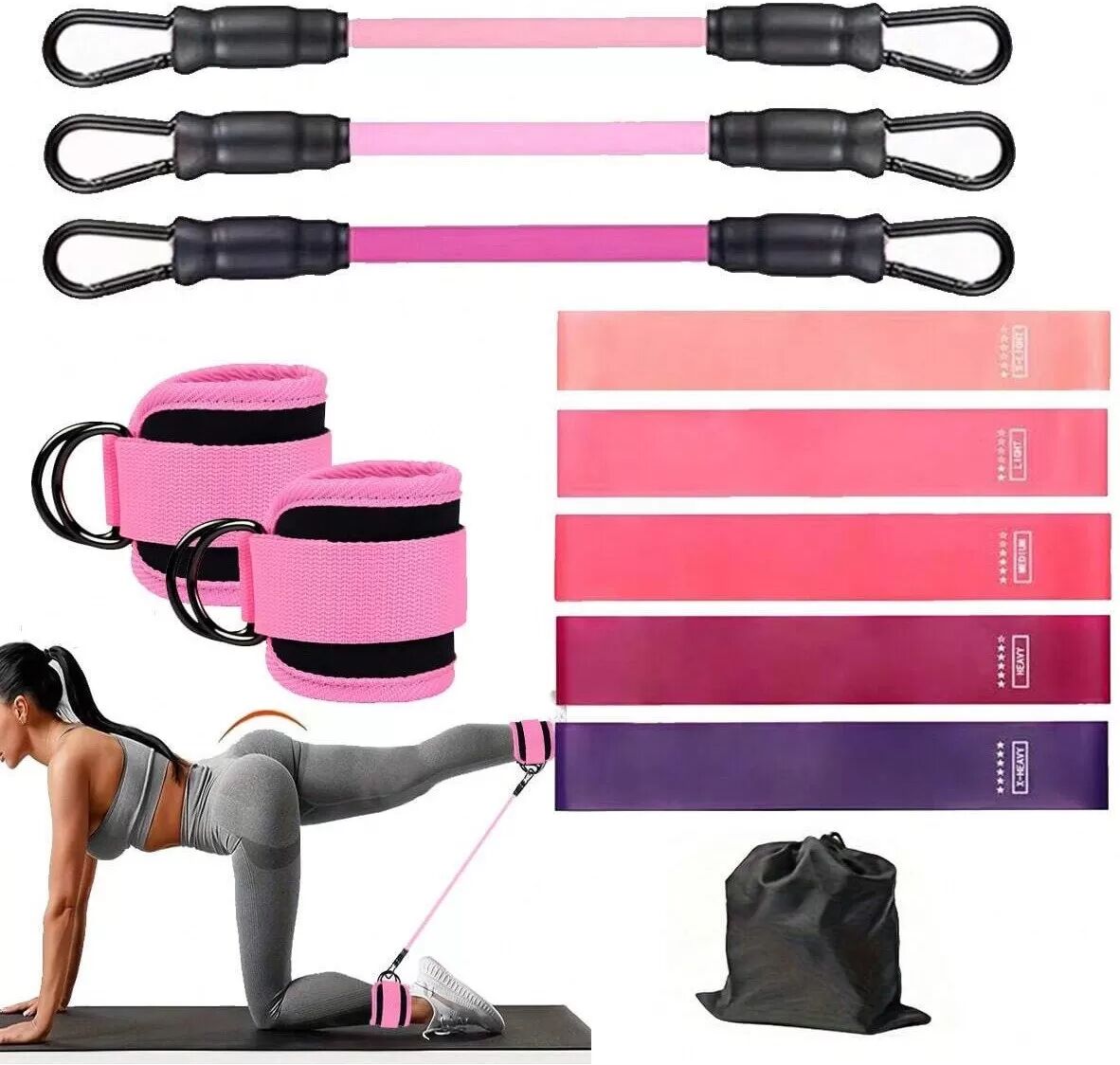 INF Widerstandsbänder Set – 3 TPE-Bänder mit pinkfarbenen Fußmanschetten & Widerstandsschlaufen für das Gesäßtraining