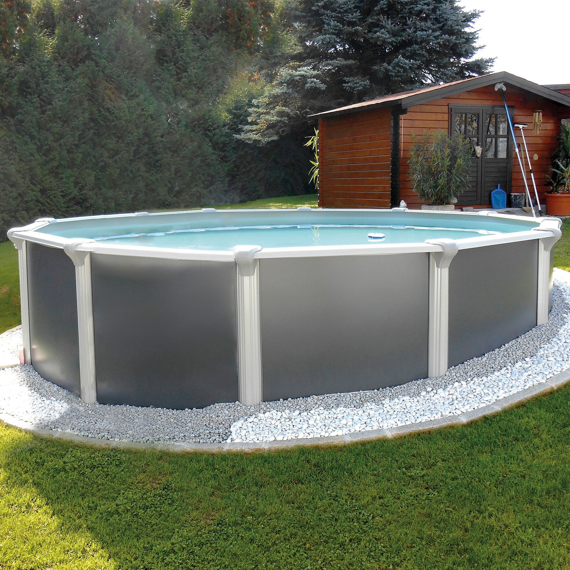 Rundpool KWAD "Steely Supreme Design inkl. Sicherheitsleiter und Zubehör", grau (anthrazit), H:132cm Ø:460cm, Schwimmbecken, Rundpool, 10-tlg., Höhe: 132 cm, inkl. Wasserpflegeset, graue Innenfolie