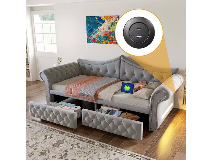 Canapé-lit Flieks 90x200 cm avec 2 tiroirs\, lit rembourré simple avec port USB\, lit de jeunesse convertible en canapé avec éclairage\, canapé-lit en velours\, gris